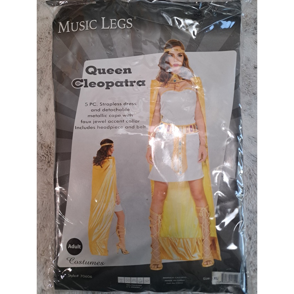 Music Legs Queen Cleopatra 5pc White Gold Dress Cape Costume size XL NEW